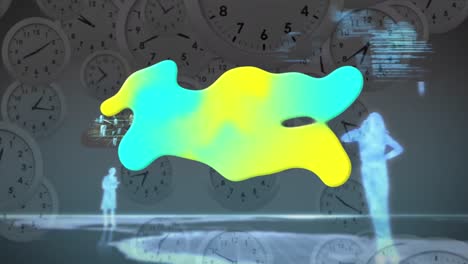 Animation-of-yellow-and-blue-shape-over-data-processing-and-moving-clocks