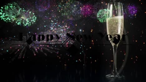 Animation-of-happy-new-year-greetings-over-glass-of-champagne-and-fireworks-exploding