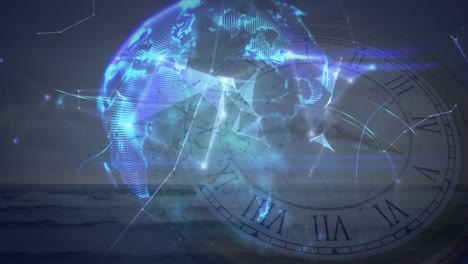 Animation-of-network-of-connections-and-globe-moving-clock-and-sea