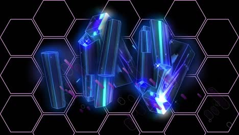 Animation-of-fireworks-and-shiny-metallic-rods-moving-over-lilac-hexagon-grid,-on-black