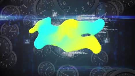 Animation-of-blue-and-yellow-shape-over-data-processing-and-moving-clocks