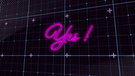 Animation-of-yes-text-in-pink-neon-and-white-parallel-lines-over-digital-grid