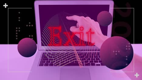Animation-of-exit-text-in-red-neon,-spheres-and-parallel-lines-over-hand-pointing-to-laptop-screen