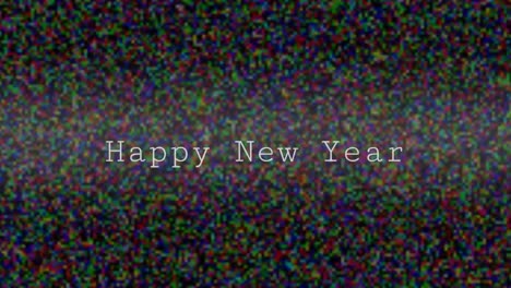Animation-of-happy-new-year-text-in-white,-over-colourful-screen-interference