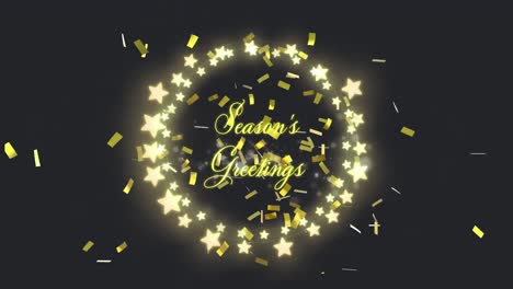 Animation-of-season's-greetings-text-in-circle-of-glowing-star-christmas-lights-with-gold-confetti