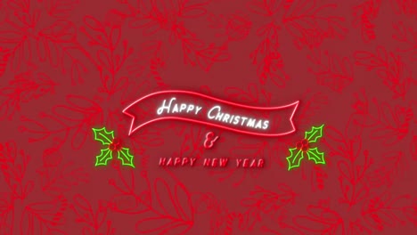Animation-of-neon-christmas-greetings-over-decoration-and-pattern-on-red-background