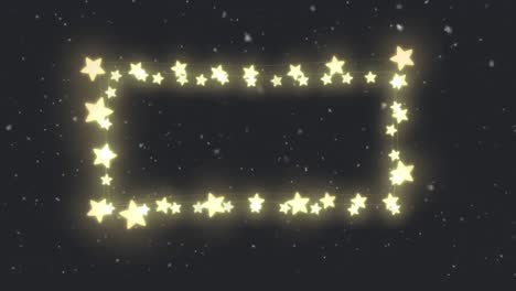 Animation-Des-Rahmens-Leuchtender-Stern-Weihnachtslichterketten-über-Fallendem-Schnee,-Auf-Schwarz