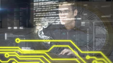 Animation-of-yellow-lines-and-data-processing-over-caucasian-man-using-computer