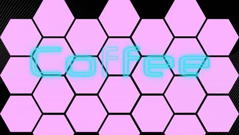Animación-De-Texto-De-Café-En-Neón-Azul-Sobre-Cuadrícula-Hexagonal-Rosa,-Sobre-Fondo-Negro