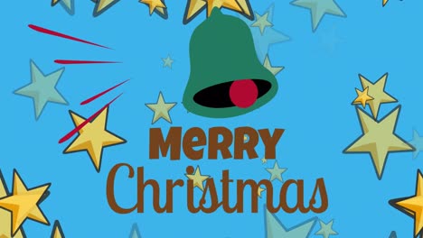 Animación-Del-Texto-De-Feliz-Navidad-Sobre-Campana-Y-Estrellas