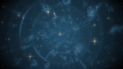 Animation-of-christmas-stars-rising-over-smoke-and-letters-on-black-background