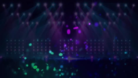 Animation-of-pink-and-green-light-projections-over-dancing-crowd,-and-moving-spotlights