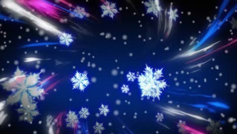 Animation-Von-Schnee,-Der-über-Leuchtende-Lichtspuren-Im-Hintergrund-Fällt
