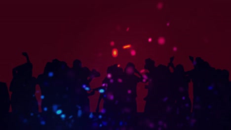 Animation-of-colourful-spots-of-light-over-dancing-crowd,-with-red-background