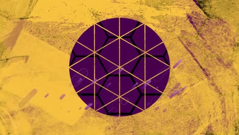 Animation-of-purple-fireworks-over-circle-cut-out-in-dirty-yellow-paper,-over-purple-hexagons