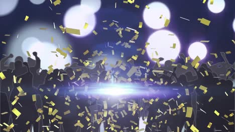 Animation-of-gold-confetti-falling-over-dancing-crowd-with-white-light-spots