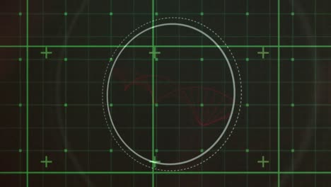 Animation-of-green-grid-and-circular-scanner-with-red-helix,-on-black-background