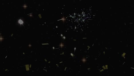 Animation-of-fireworks-exploding-and-confetti-falling-on-black-background