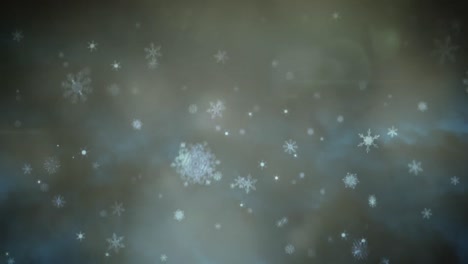 Animation-Von-Weihnachtlichen-Schneeflocken,-Die-über-Rauch-Fallen,-Und-Bokeh-Lichtern-Auf-Schwarzem-Hintergrund
