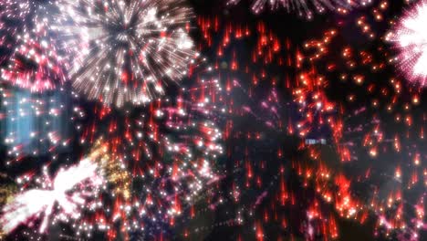 Animation-of-exploding-red-and-white-fireworks-scrolling-on-black-background