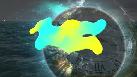 Animation-of-blue-and-yellow-shape-over-globe,-moving-clock-and-sea