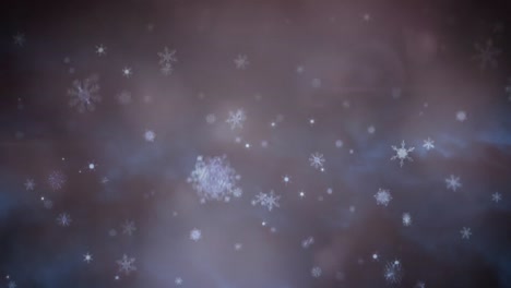 Animation-Von-Weihnachtlichen-Schneeflocken,-Die-über-Rauch-Fallen,-Und-Bokeh-Lichtern-Auf-Schwarzem-Hintergrund