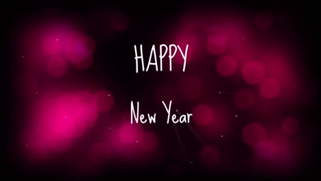 Animation-of-happy-new-year-text-in-white,-over-bokeh-pink-lights-on-black-background