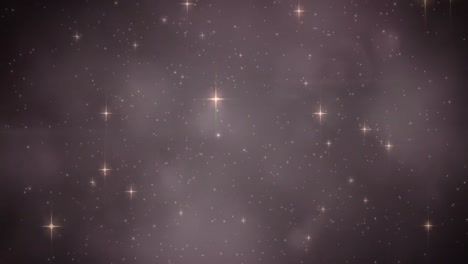 Animation-of-christmas-stars-moving-over-smoke-and-bokeh-lights-on-black-background