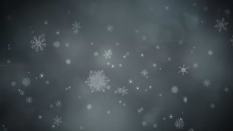 Animation-of-christmas-snowflakes-falling-over-smoke-on-night-sky