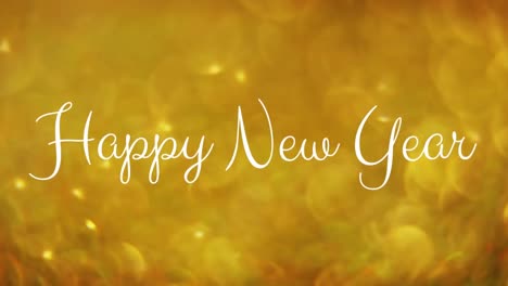 Animation-of-happy-new-year-greetings-over-gold-spots-in-background