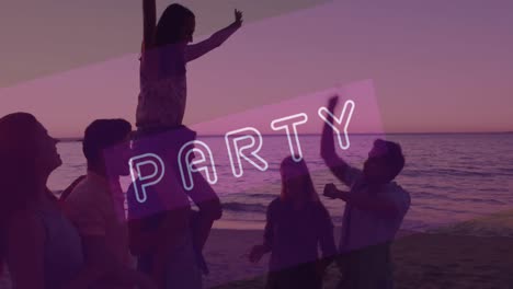 Animation-of-neon-party-text-in-over-smiling-friends-dancing-at-beach-party