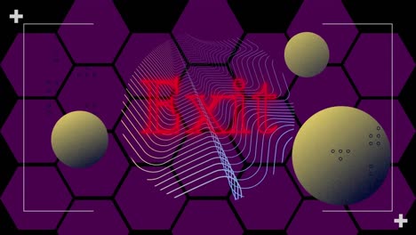 Animation-of-exit-text-in-red-neon,-spheres-and-parallel-lines-over-purple-hexagon-grid