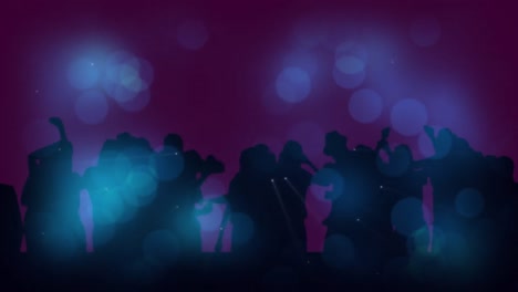 Animation-of-blue-light-projections-over-dancing-crowd,-with-pink-background