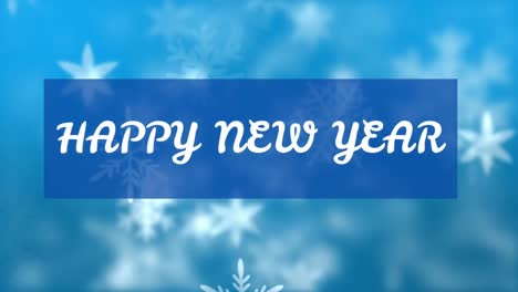 Animation-of-happy-new-year-text-in-white,-over-snowflakes-on-blue-background