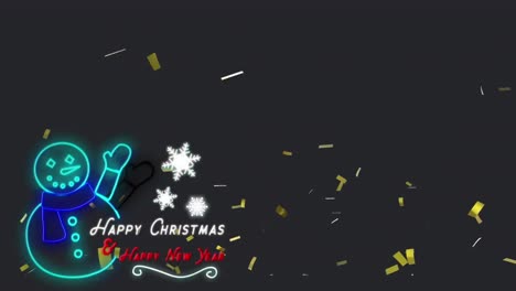 Animation-of-seasonal-greeting-text-and-blue-neon-snowman-with-gold-confetti-falling,-on-black