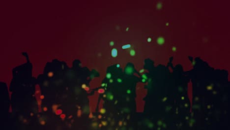 Animation-of-colourful-spots-of-light-over-dancing-crowd-with-red-background