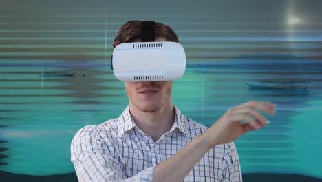 Animation-of-caucasian-man-wearing-vr-headset-over-interference-and-sea