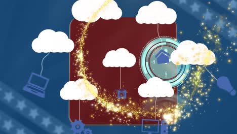 Animation-of-clock-over-digital-clouds-with-electronic-devices