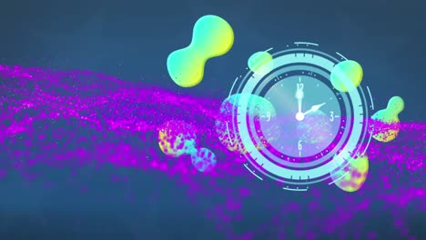 Animation-of-purple-light-trails-over-clock-and-blobs-on-blue-background