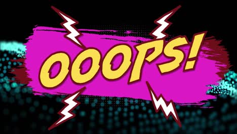 Animation-of-ooops-text-over-blue-dots-on-black-background