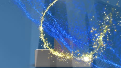 Animation-Von-Blaulichtspuren-Und-Computerspeicher-Auf-Blauem-Hintergrund