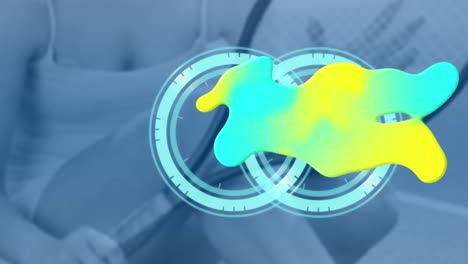 Animation-Eines-Leuchtenden-Kleckses-Und-Sich-Schnell-Bewegender-Uhren-über-Einer-Tennisspielerin-Auf-Blauem-Hintergrund