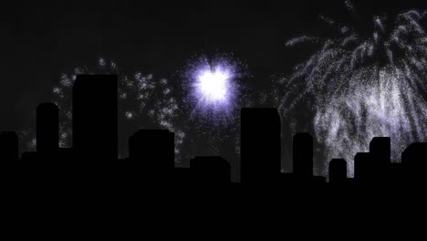 Animation-of-white-christmas-and-new-year-fireworks-in-night-sky-over-cityscape