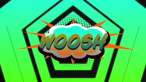 Animation-of-woosh-text-over-green-shapes-on-black-background