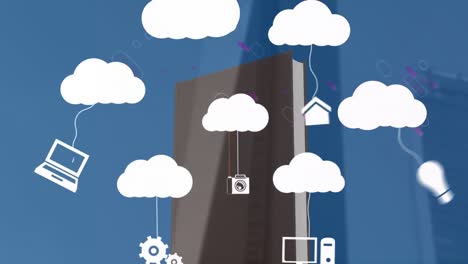 Animation-Einer-Computerfestplatte-über-Digitalen-Wolken-Mit-Elektronischen-Geräten-Auf-Blauem-Hintergrund
