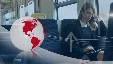 Animation-of-red-and-white-globe-and-arrows,-over-businesswoman-using-phone-and-tablet-on-train