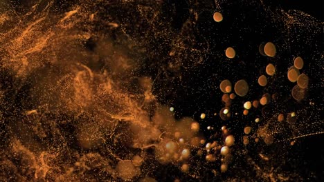 Animation-of-orange-particle-cloud-and-light-moving-on-black-background