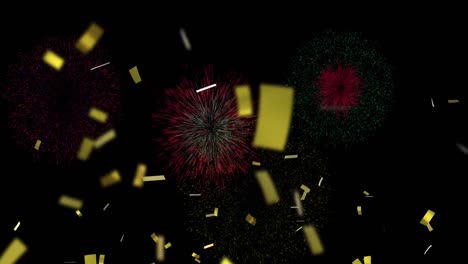 Animation-of-colourful-christmas-and-new-year-fireworks-and-gold-confetti-in-night-sky