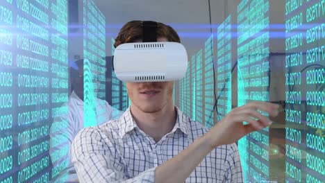 Animation-of-caucasian-man-wearing-vr-headset-and-data-processing-over-lab