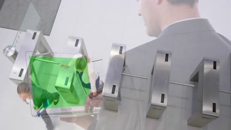 Animation-of-businessman-using-laptop-with-green-screen-over-women-walking-through-turnstiles